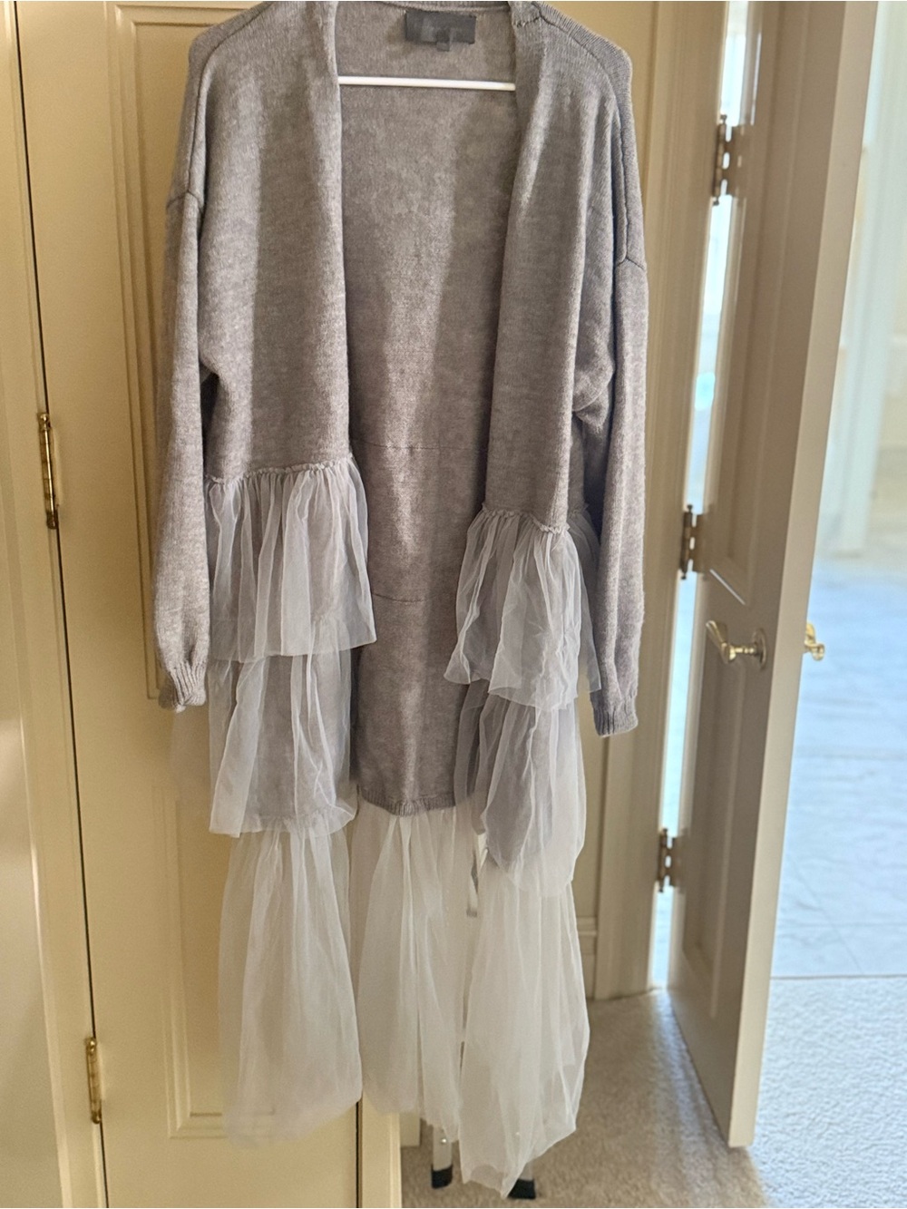 Light Gray Open-Front Cardigan with Tulle Tiered Hem - Picture 1 of 3
